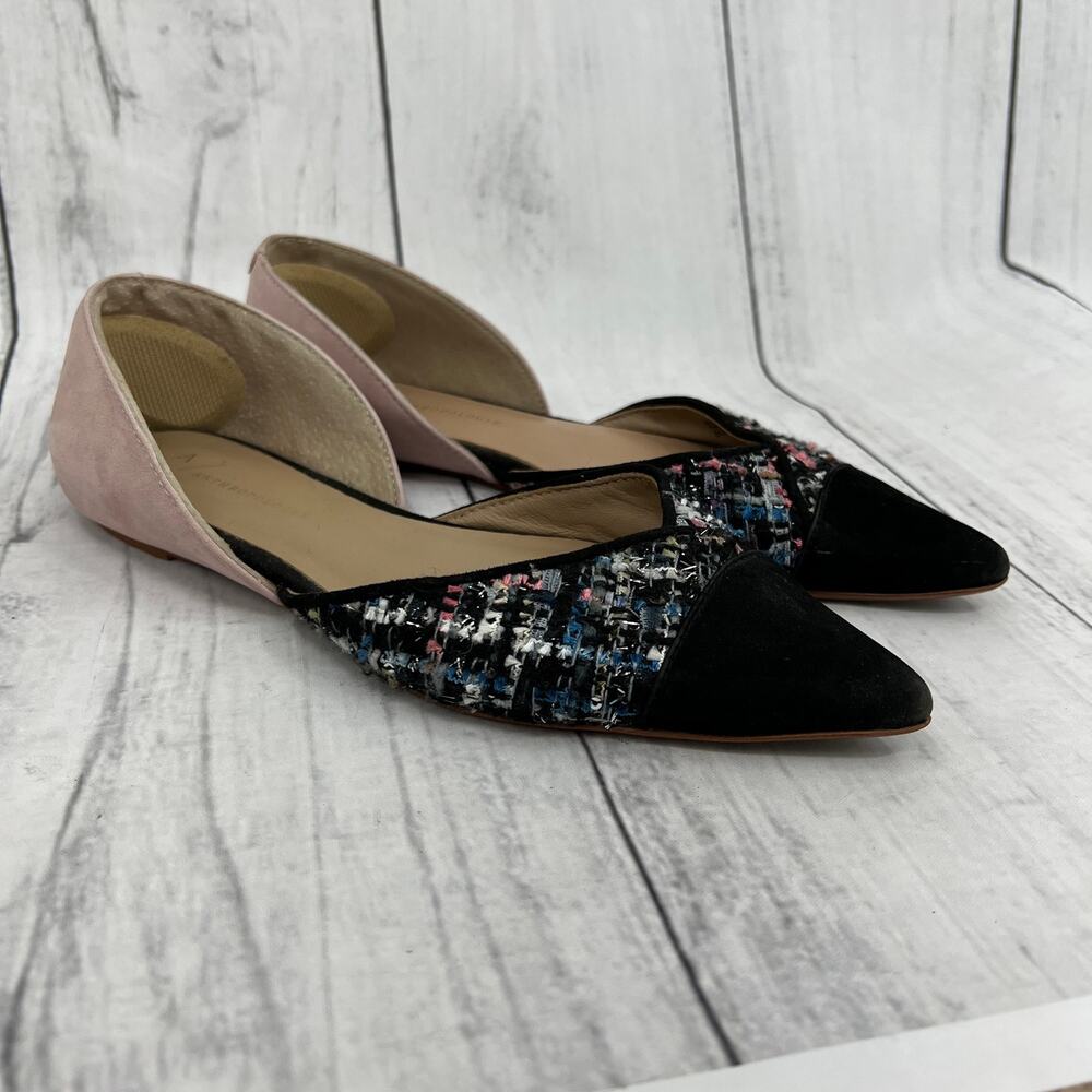 Anthropologie Black Pink D'Orsay Tweed Pointed Toe Leather Flats Shoes Size 6